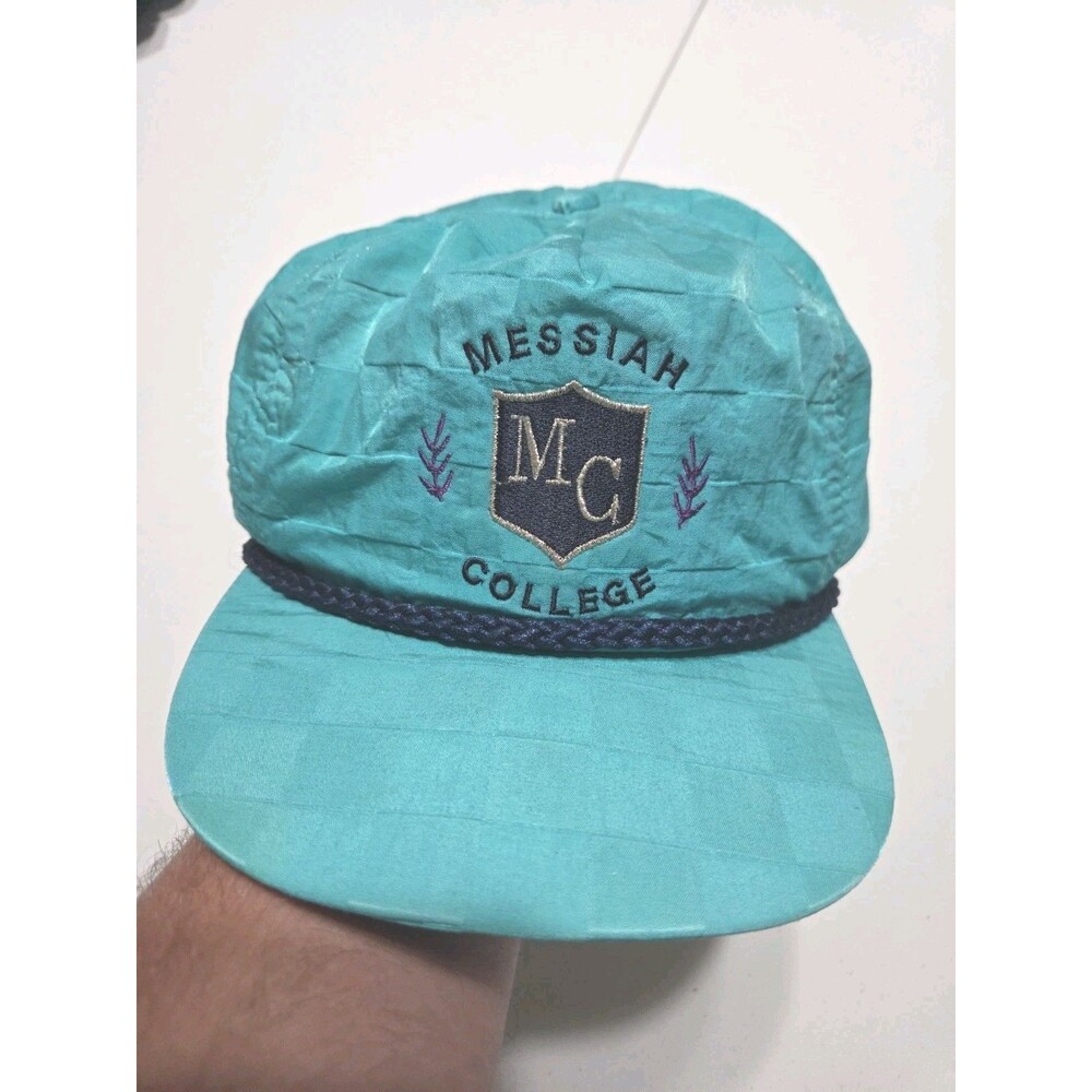 Vintage Messiah College Hat Cap Teal Blue Parachute Nylon Rope Strapback 90s